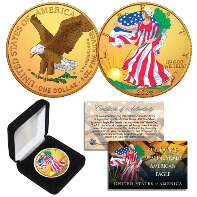 Moneda American Silver Eagle de 1 oz .999 combo de oro dorado/color 2024 con caja