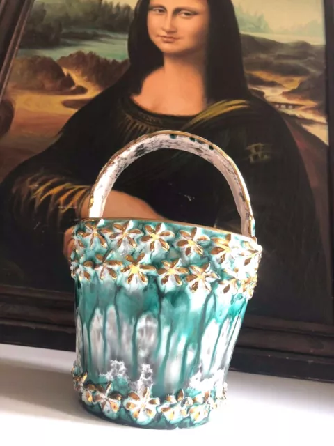 Vintage ITALIAN Drip Glaze CERAMIC BASKET Gold Gilt MID-CENTURY MODERN Italy MCM