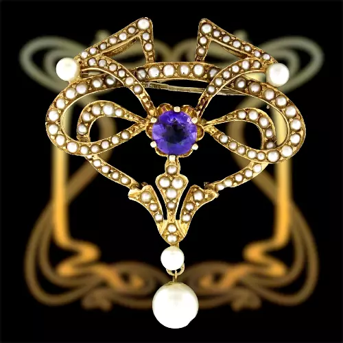 Art Nouveau ISJC Antike Gelbgold 14K Amethyst & Samenperlen Jugendstilbrosche