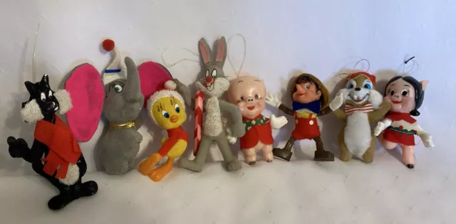 9 Vintage Walt Disney Productions Flocked Christmas Ornaments Dumbo Bugs Tweety