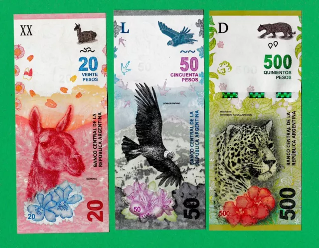 Argentina 20-50-500 Pesos (3 Pcs Set) P-New -llama Condor Yaguarete UNCIRCULATED