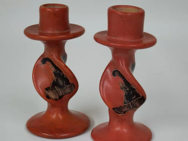 Pair of 2 Soapstone Hand Crafted Painted Candle Holder 6-1/2" Candlestick Kenya