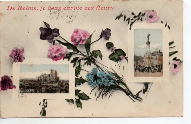 REIMS - Marne - CPA 51 - Cartes Souvenir -  cp 2 vues je vous envoie des fleurs