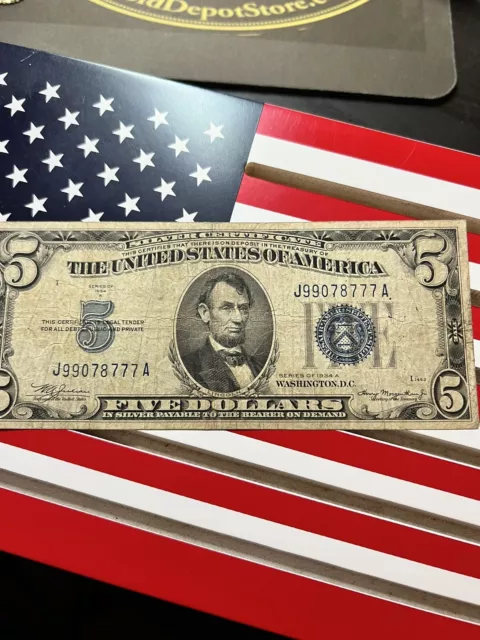1934 A $5 Five Dollar Silver Certificate Blue Seal Nice Note Fancy # J99078777A