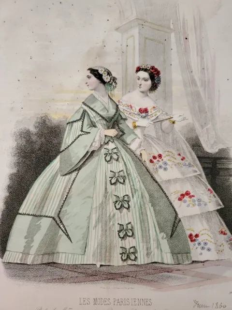 Fashion engraving Parisian fashion 19th century prom dresses fan hairstyle