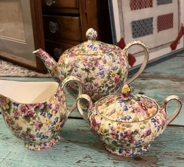 Vintage Royal Winton Cheadle Chintz Teapot Set w/ Creamer & Sugar