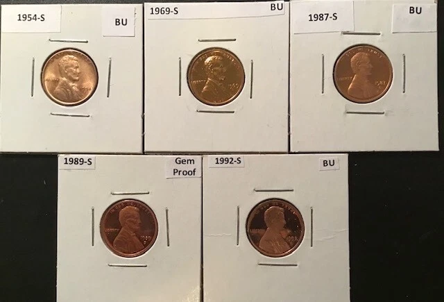 1954S, 1969S, 1987, 1989S, 1992S - Lincoln Wheat & Memorial 1¢ One Cent - BU