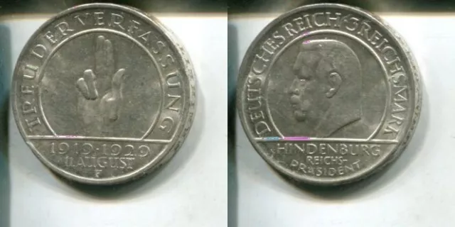 WEIMARER REPUBLIK 1929 F - 3 Reichsmark in Silber, vz+ - SCHWURHAND