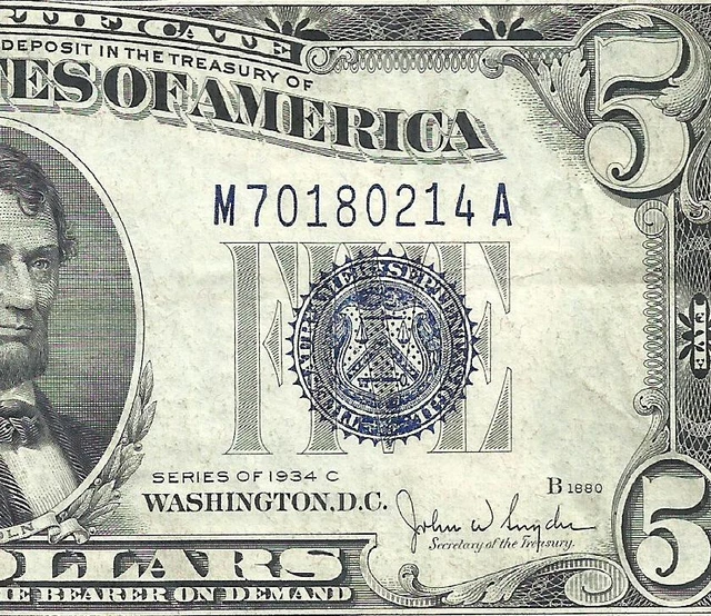 1934C $5 BLUE Seal SILVER Certificate! Old US Paper Money Currency!