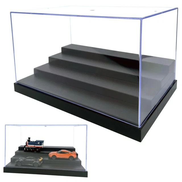 Clear Acrylic Display Box Case 25cm L Black Base 4 Steps Dustproof for Figures
