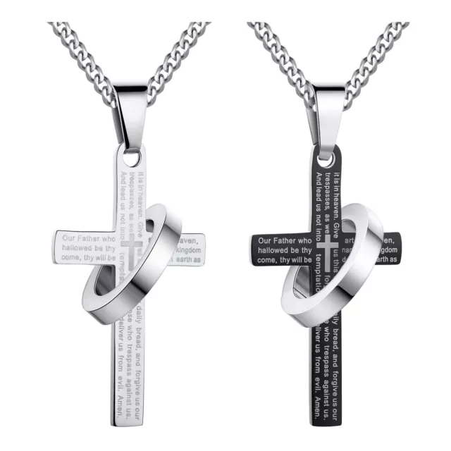 Men's Stainless Steel Bible Lord's Prayer in English Halo Cross Pendant Necklace