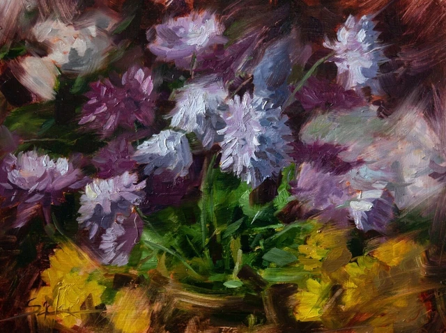 Dipinto ad olio originale Natura morta floreale, Fiori viola, Arte unica...