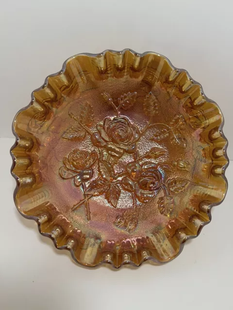 Imperial Open Rose Marigold Carnival Glass Bowl Ruffled footed Iridescent vtg