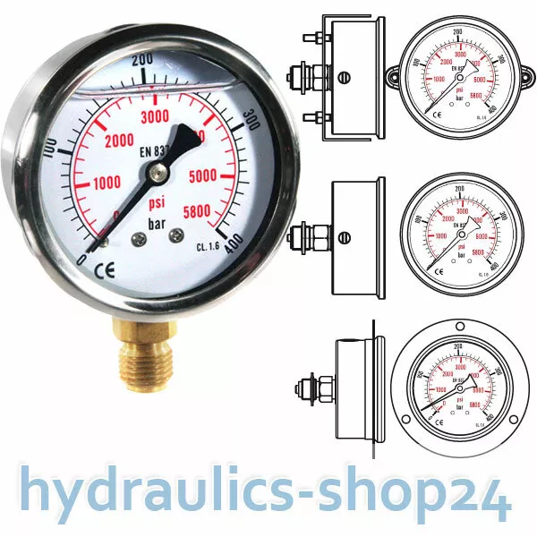 Edelstahl Glycerin Manometer Ø63mm, Ø100mm  waagerecht -  senkrecht G1/4 G1/2