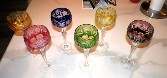 Set Of Six (6) Bohemian Chech Cut To Clear Crystal Wine Glasses 8 1/4"