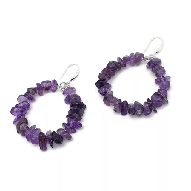 Purple Amethyst Hoop Earrings Dangle Drop Natural Beaded Gemstone Nuggets Boho