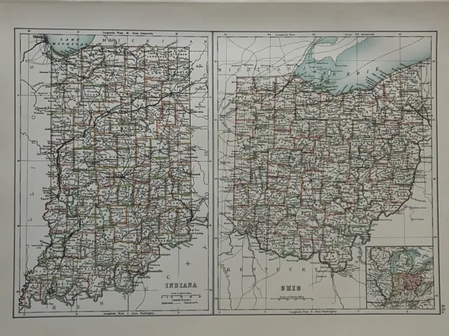 1897 Indiana & Ohio Original Antique Map by A & C Black