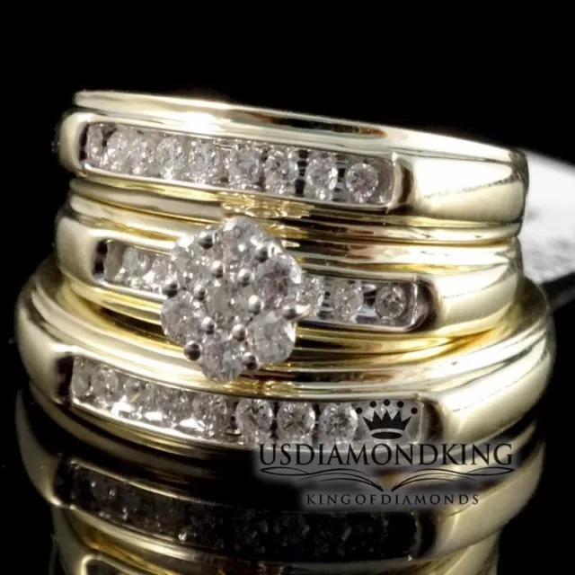 10K Mens/Ladies 10k Yellow Gold Round Diamond Engagement Wedding Ring Trio Set