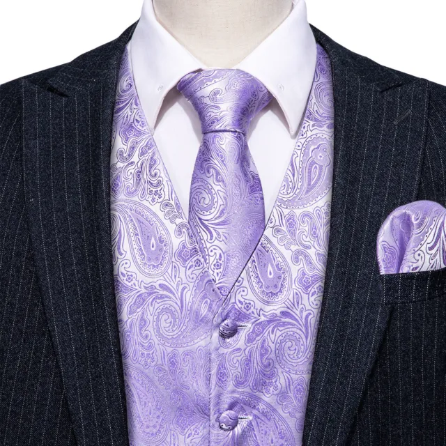 Men's Waistcoat Lilac Purple Paisley Silk Vest Tie Set Wedding Formal Gilet