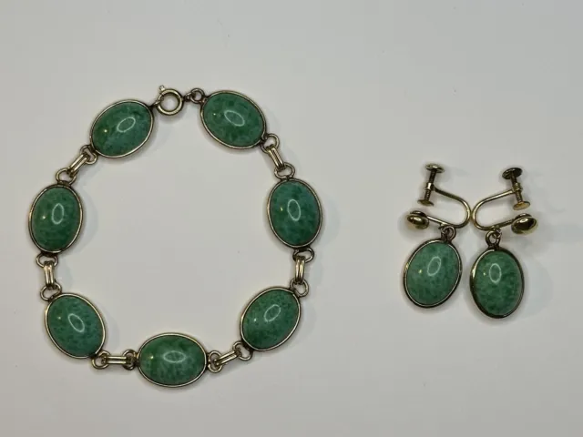 Vintage 1/20 12kt Gold Filled Nephrite Jade Link Chain Bracelet and Earrings