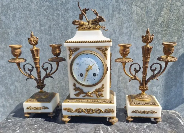 French Bronze And Marble Clock Pendulum With Pair of Candelabra Louis XVI Style