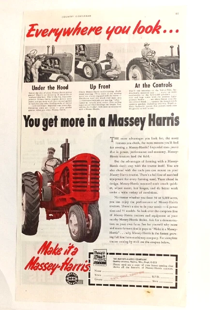 Vintage Massey-Harris Tractor Advertisement Under Hood, Up Front, At the Control
