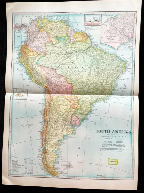 1909 Antique Color Map - SOUTH AMERICA - Original GIANT 22 x 16  Map - Very Rare