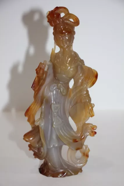 Vintage Chinese Carved Quartz Agate Stone Figurine of Quan Yin