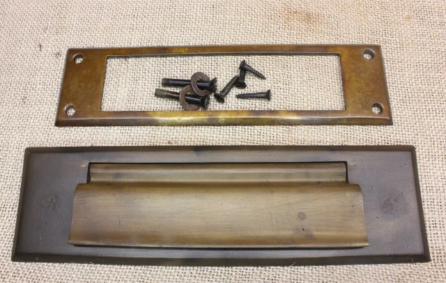 Old Letter Slot Plain w Interior Trim 1900’s Vintage Dark Solid Brass self close