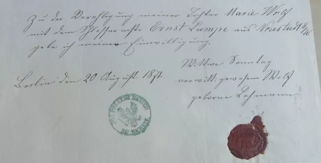 Document Berlin 1871: Erlaubnis Mariage Marie Loup & Schlossermeister Ernst
