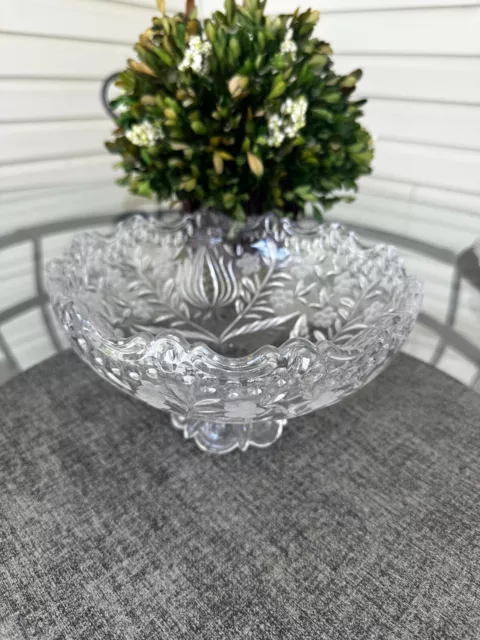 Vintage 24% Lead Crystal Etched Floral Rolled Edge Pedestal Decorative 8" Bowl