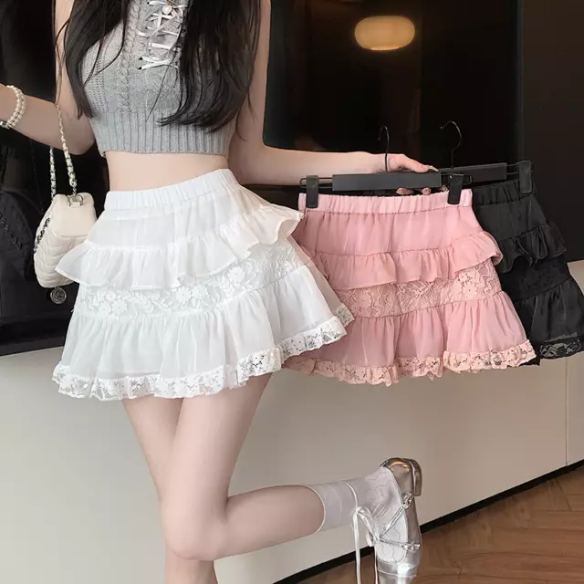 Women Girl Lace Mesh Tiered Skirt Tutu Ruffled Elastic Waist Princess Sweet Cute