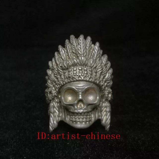 Old Chinese Tibet Silver Carving Skull Statue Ring Decoration Gift Collection