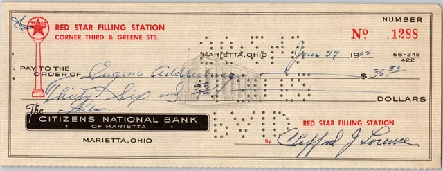 1962 Texaco Oil Marietta Ohio Red Star Filling Station Cancelled Check Ephemera