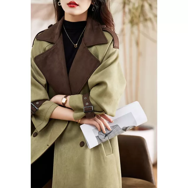 Suede Trench Coat Women Spring 2024 New Fashion Belted Lapel Collar Windbreaker 2