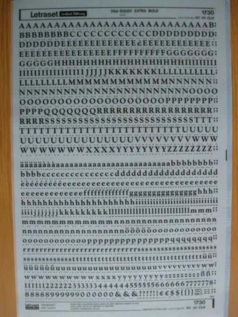 .1 x Letraset  Upp/Low & Num GOUDY EXTRA  BOLD  24pt  6.0mm Sheet 1730.