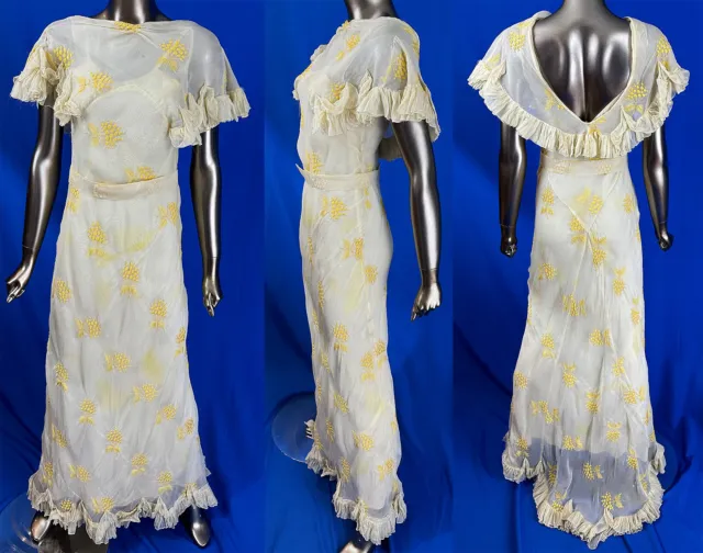 Vintage Organdy Cream Yellow Embroidered Grape Leaf Belted Bias Cut Dress & Slip