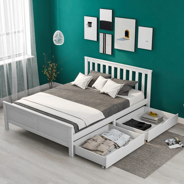 Letto di stoccaggio in pino bianco massiccio 4 piedi 6 con cassetti telaio per mobili