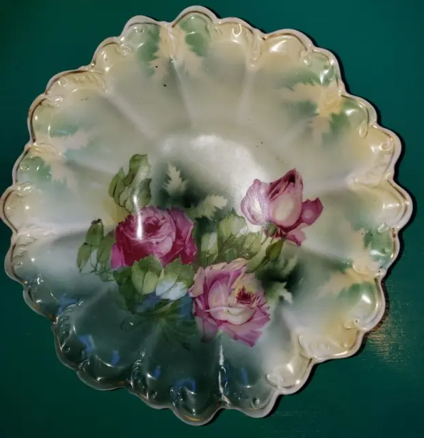 Weimar Germany Porcelain Bowl Green with Pink Roses 10 1/2"