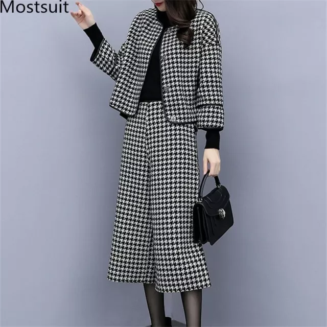 2019 Autumne Hiver Pieds de Poule Deux Pièce Lot Tenues Femmes Woolen Blouson