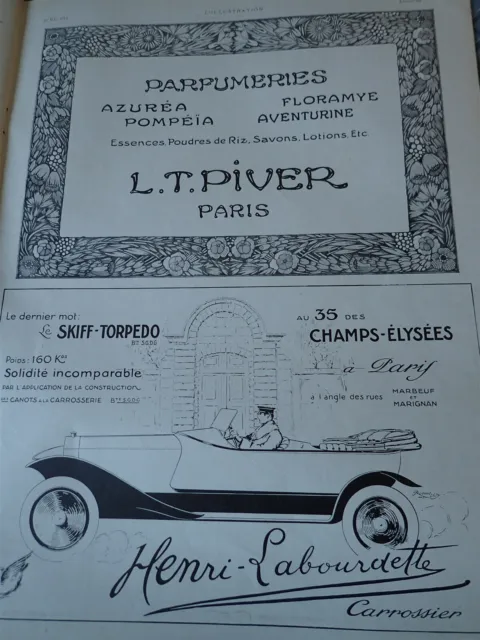LABOURDETTE automobile + parfum LT PIVER  publicité papier ILLUSTRATION 1914 col