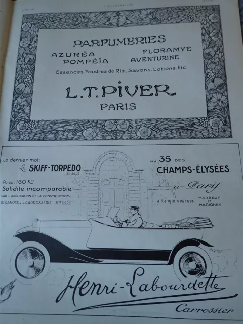 LABOURDETTE automobile + parfum LT PIVER  publicité papier ILLUSTRATION 1914 col