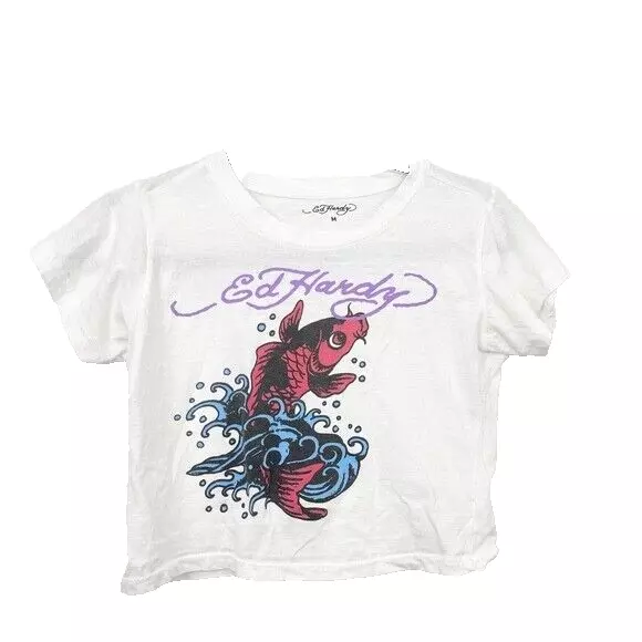 Ed Hardy Koi Fish White Crop Short Sleeve Tee Size Medium Womens