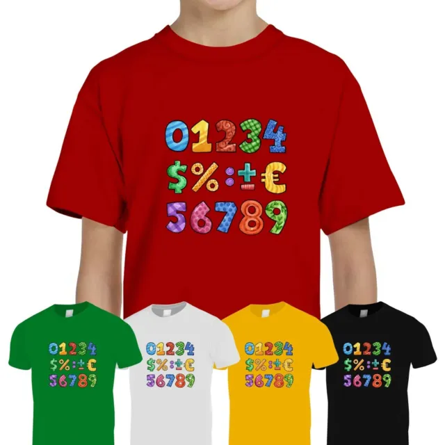 Kids Boys Girls Number Day 2024 Maths Symbols School Tee T-Shirt Top Colourful