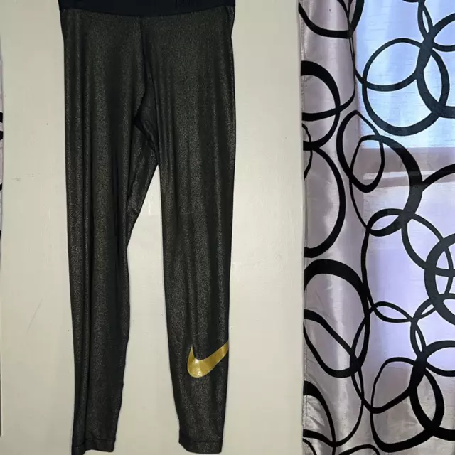 Nike Pro Cool Leggings Women Size L Black Gold Shimmer Dri-Fit Full Length C22