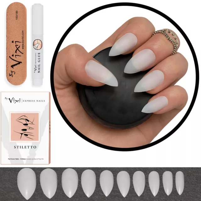 600 POINTED STILETTO False NAILS FULL COVER Natural Opaque Tips 💖FREE Vixi GLUE