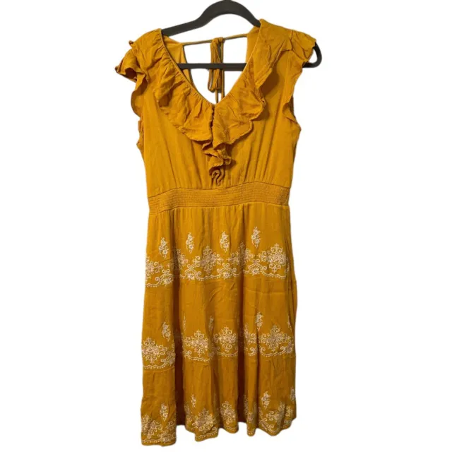 SAVANNA JANE Rayon Lined Dress Boho Yellow Marigold Embroidered Floral Womens L