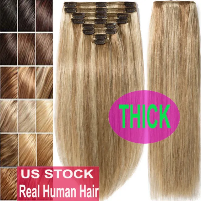 Thick Double Weft Clip In Real Remy Human Hair Extensions Full Head Highlight US