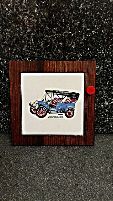 Vintage Hand Painted Ceramic Tile of Antique Car Wood Frame