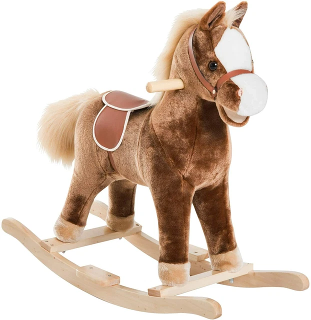 Cheval à Bascule Cheval de Cowboy Selle Grand Confort Peluche Courte Douce Bois